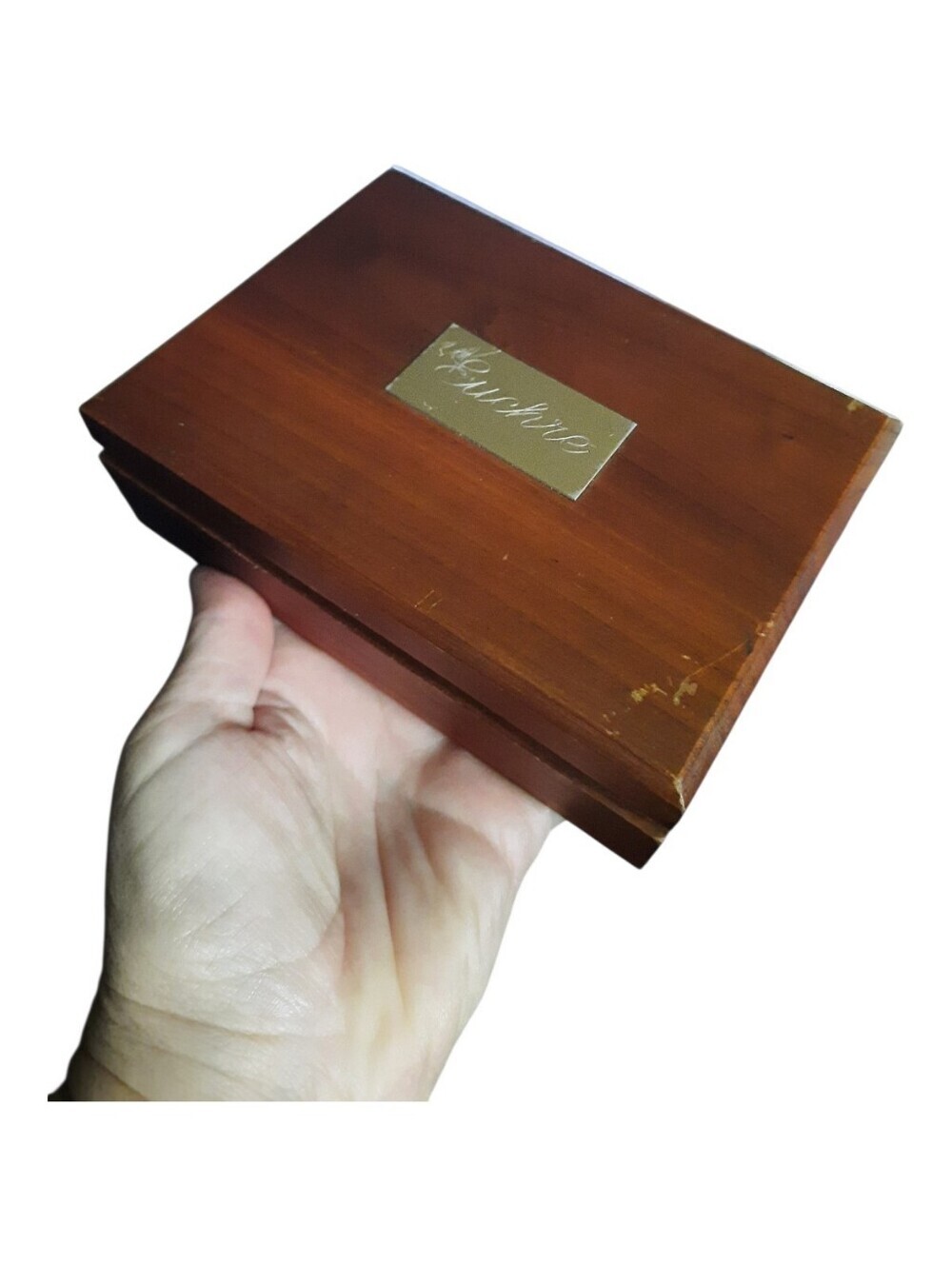 Handcrafted Medium Brown Wood Hinged Lid Euchre Engraved Plate Card Holding Box